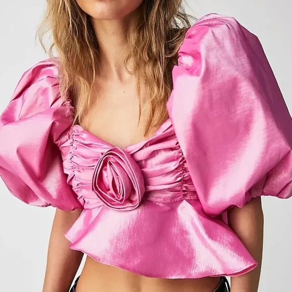 New For Love & Lemons x Free People Judith 3D Rose L 12/14 Iridescent Pink Crop - Picture 2 of 6